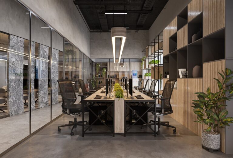 Espacio de trabajo moderno con muebles minimalistas y plantas que añaden frescura al ambiente de oficina.